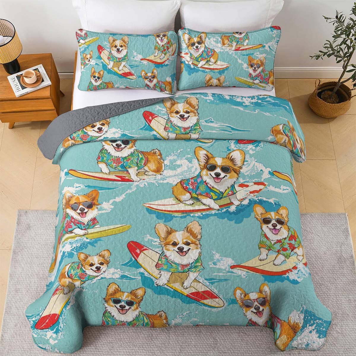 Shineful All Season Quilt 3-Piece Set Swimming Corgis