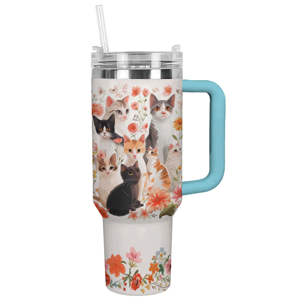 Cat 40 Oz Personalized Shineful™ Tumbler Floral Cats Lk8 Sky Blue 40Oz