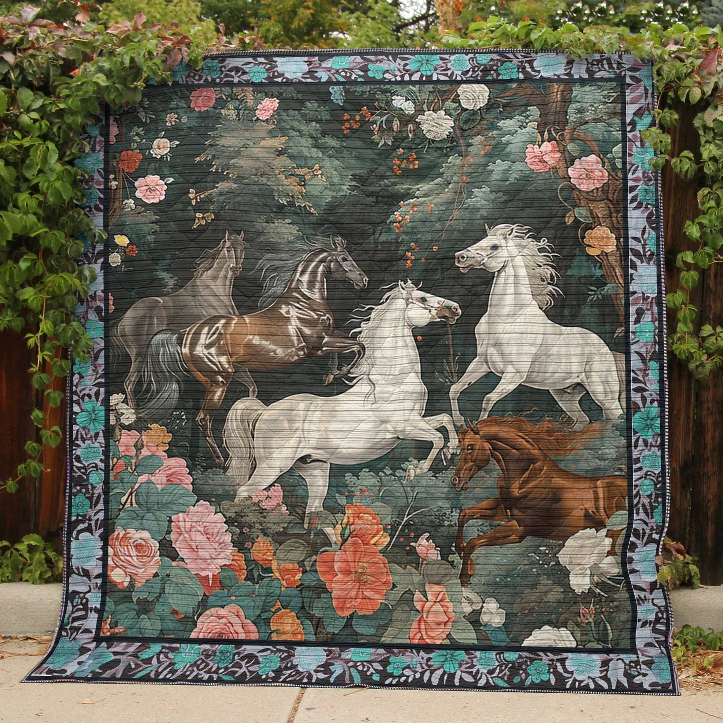 Shineful All Season Faux Quilt Floral Horses