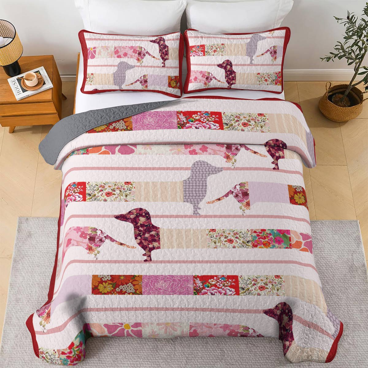 Shineful All Season Quilt 3-Piece Set Floral Dachshunds