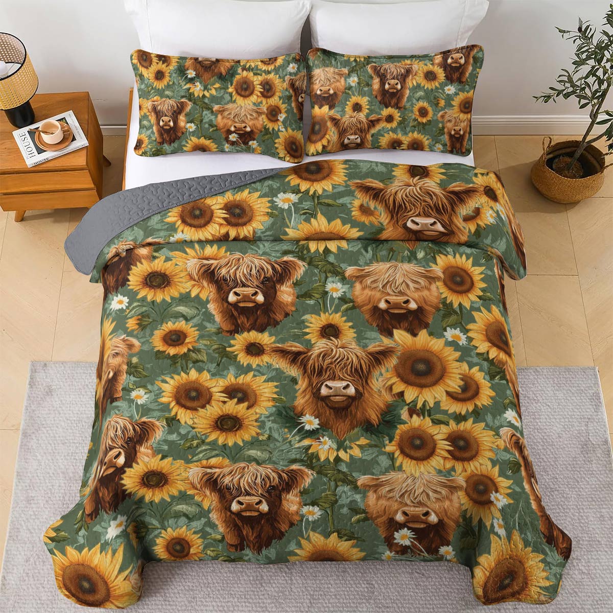 Shineful All Season Quilt 3-Piece Set Sunflower Cows