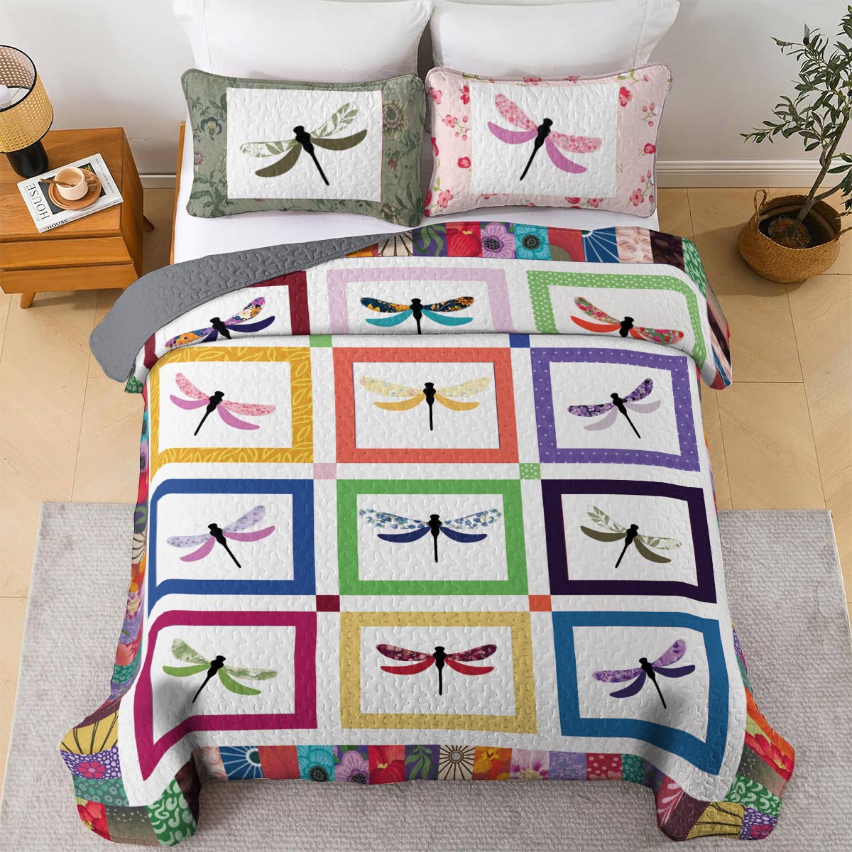 Shineful All Season Quilt 3-Piece Set Colorful Dragonflies