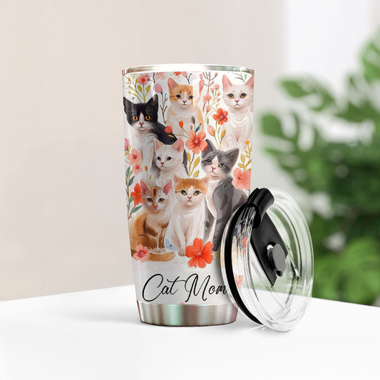 Glänzender 20oz Becher mit Blumenmotiv „Cat Mom“