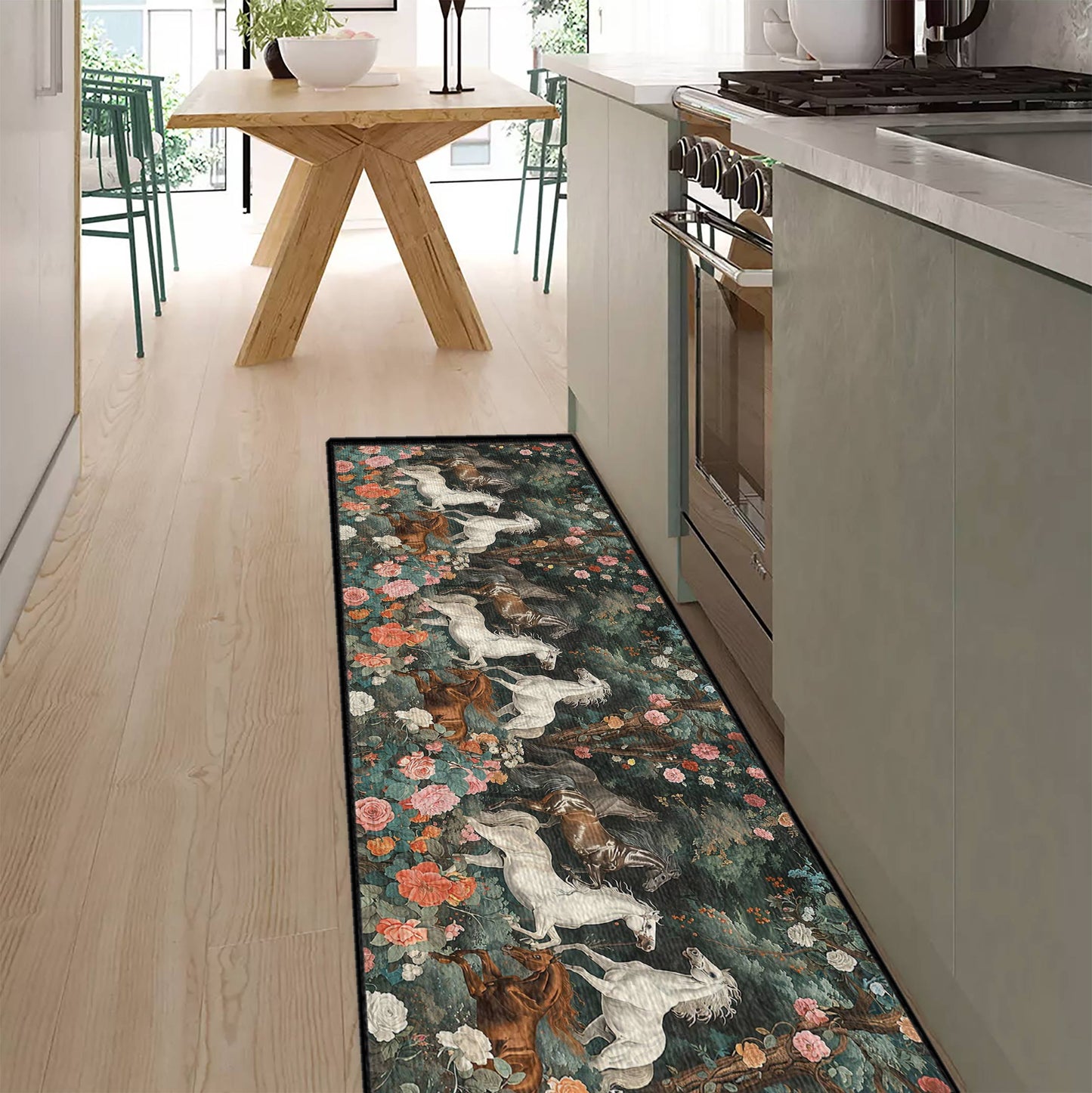 Shineful Ultra-Thin Non Skid Floor Mat, Kitchen Rugs Floral Horses