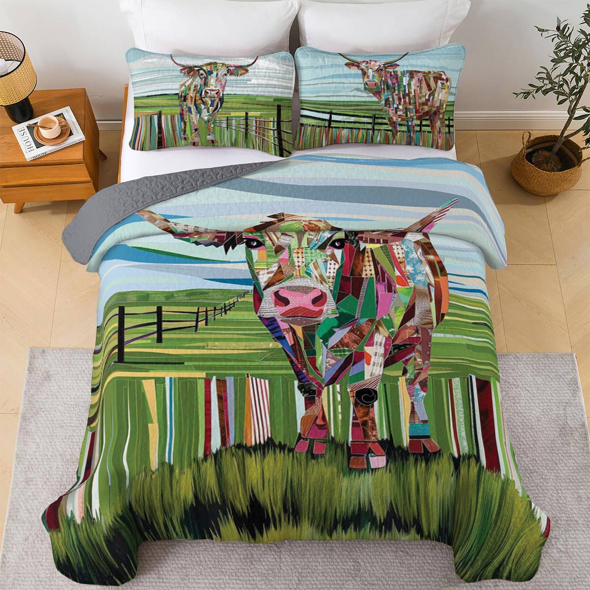 Shineful All Season Quilt 3-Piece Set Colorful Cow