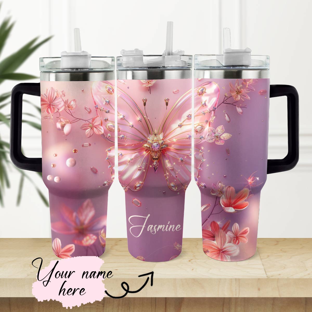 Shineful Glossy Tumbler Personalized Elegant Butterfly