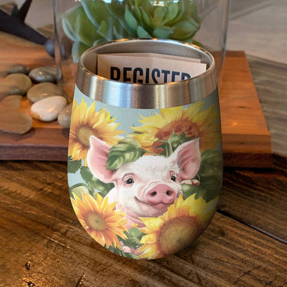 Shineful Wine Tumbler Pig In Sunflowers