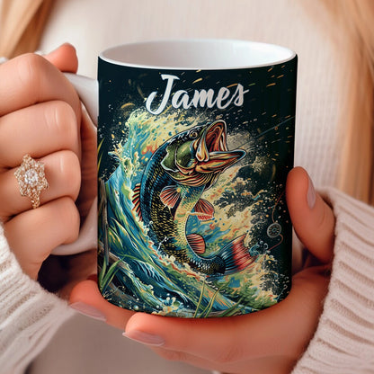 Tasse en céramique brillante Aventure de pêche personnalisée