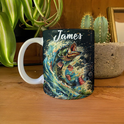 Tasse en céramique brillante Aventure de pêche personnalisée