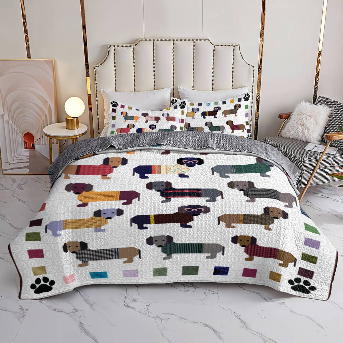 Dackel Shineful All Season Quilt 3-teiliges Set Pfoten und Flicken 