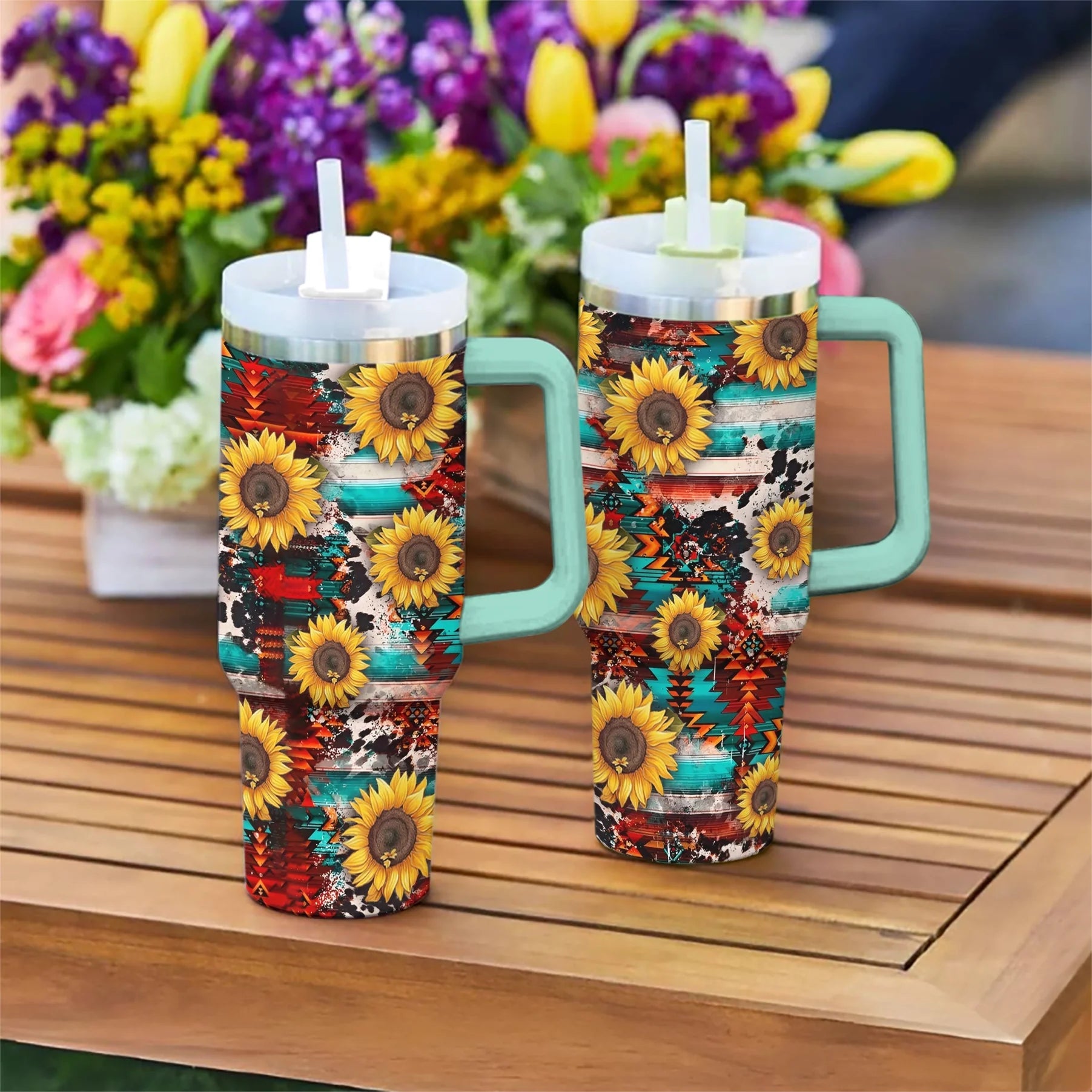 Sunflower 40 Oz Shineful™ Tumbler Elegant Sunflowers Mn8 Turquoise Blue 40Oz