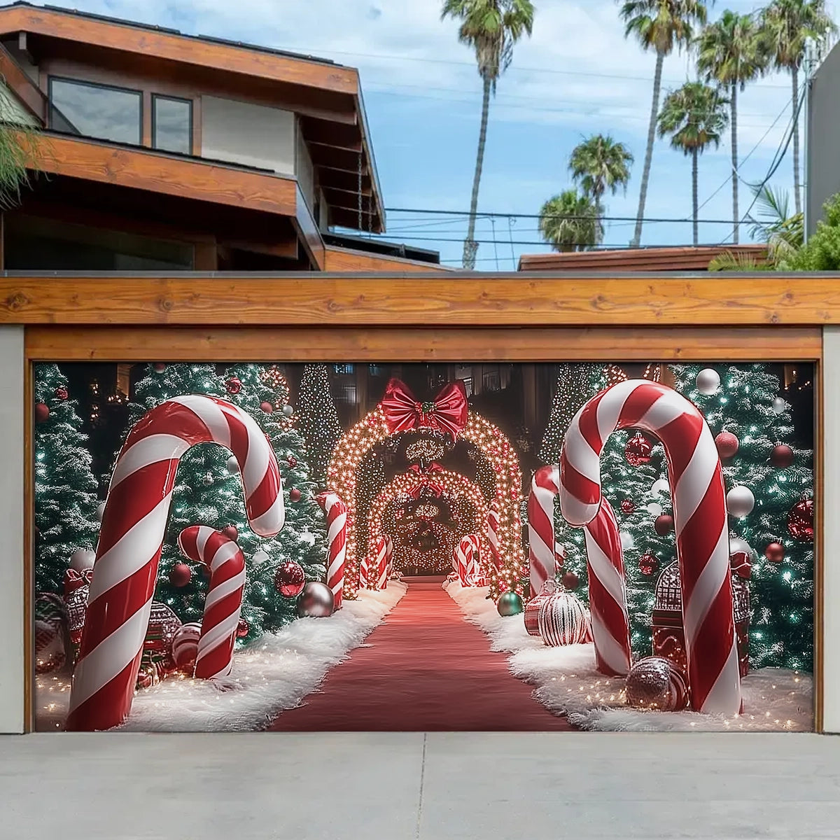 Shineful Garage Door Banner Decoration Christmas Themed Backdrop With Giant Canes