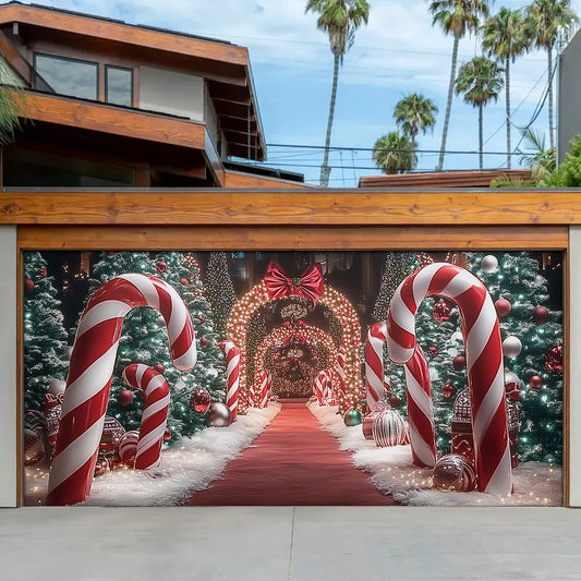Shineful Garage Door Banner Decoration Christmas Themed Backdrop With Giant Canes