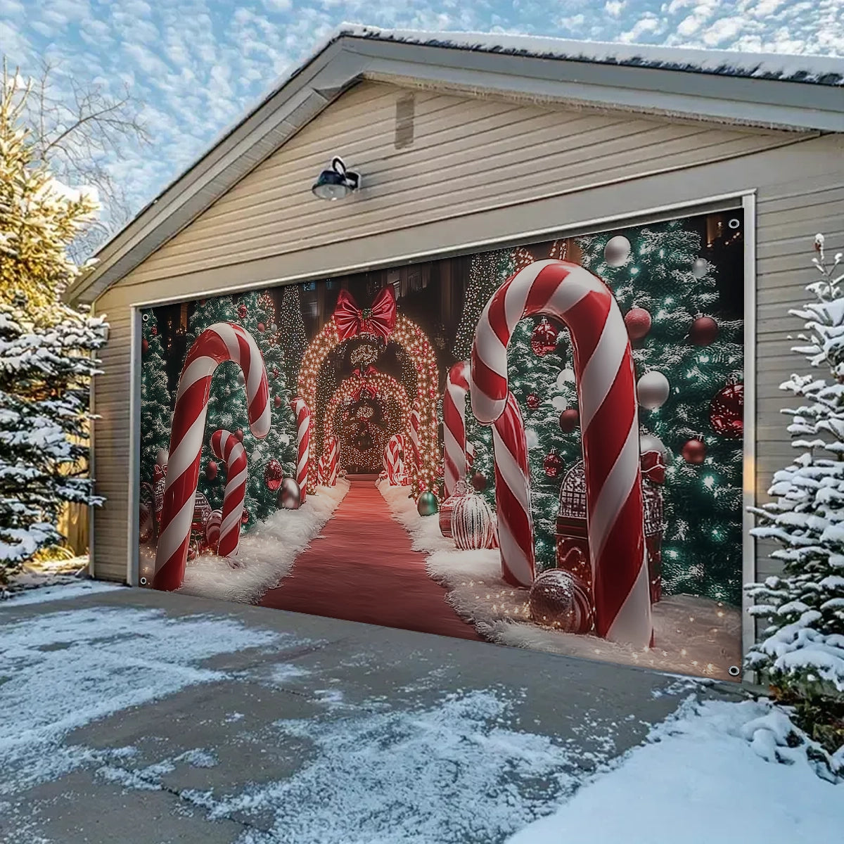 Shineful Garage Door Banner Decoration Christmas Themed Backdrop With Giant Canes