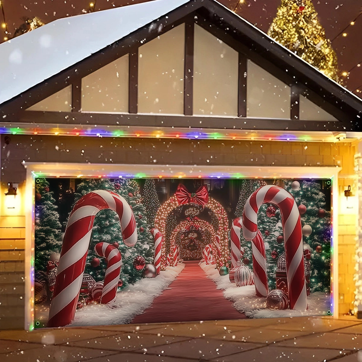 Shineful Garage Door Banner Decoration Christmas Themed Backdrop With Giant Canes