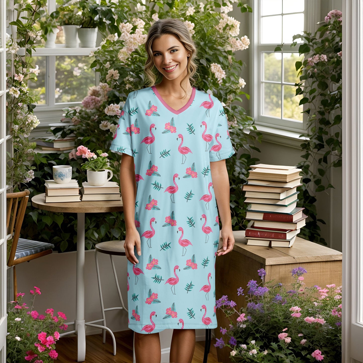 Flamingo Shineful® V-Neck Nightshirts Flower Bloom Tl10