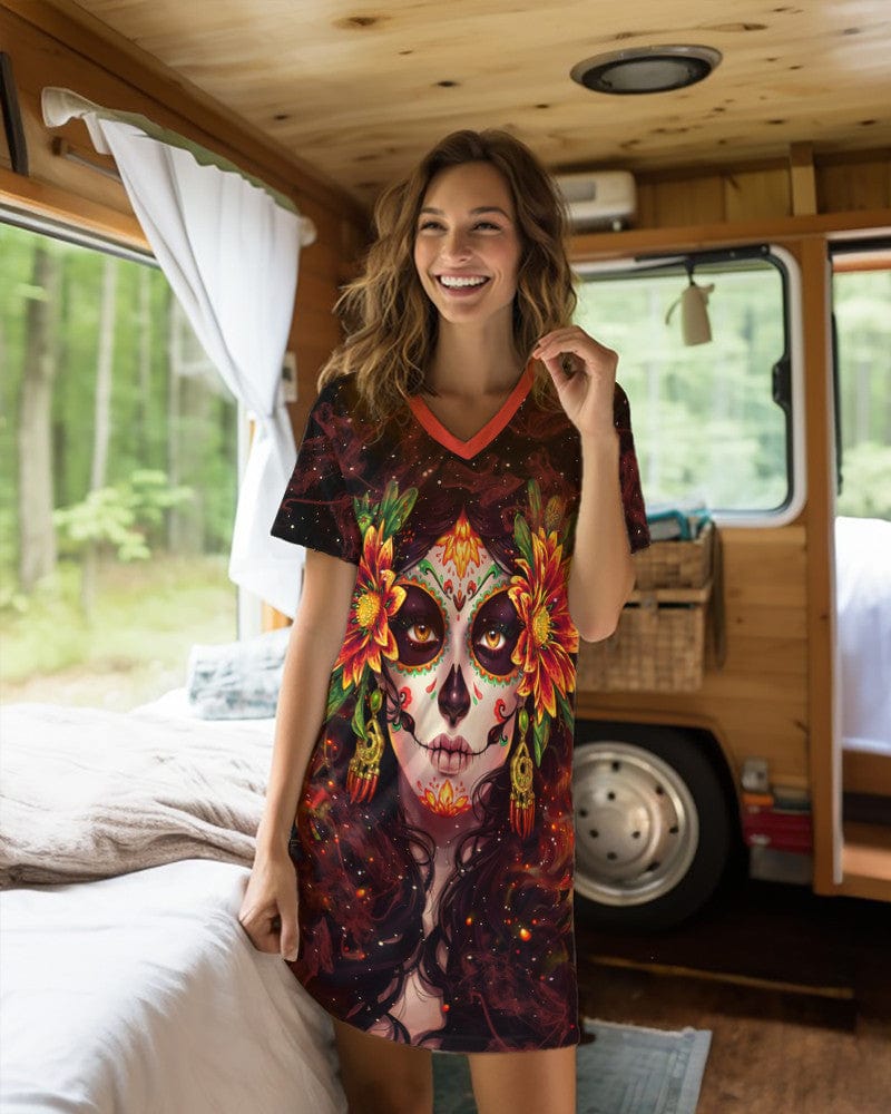 Skull Shineful® V-Neck Nightshirts Fire Girl Hg23