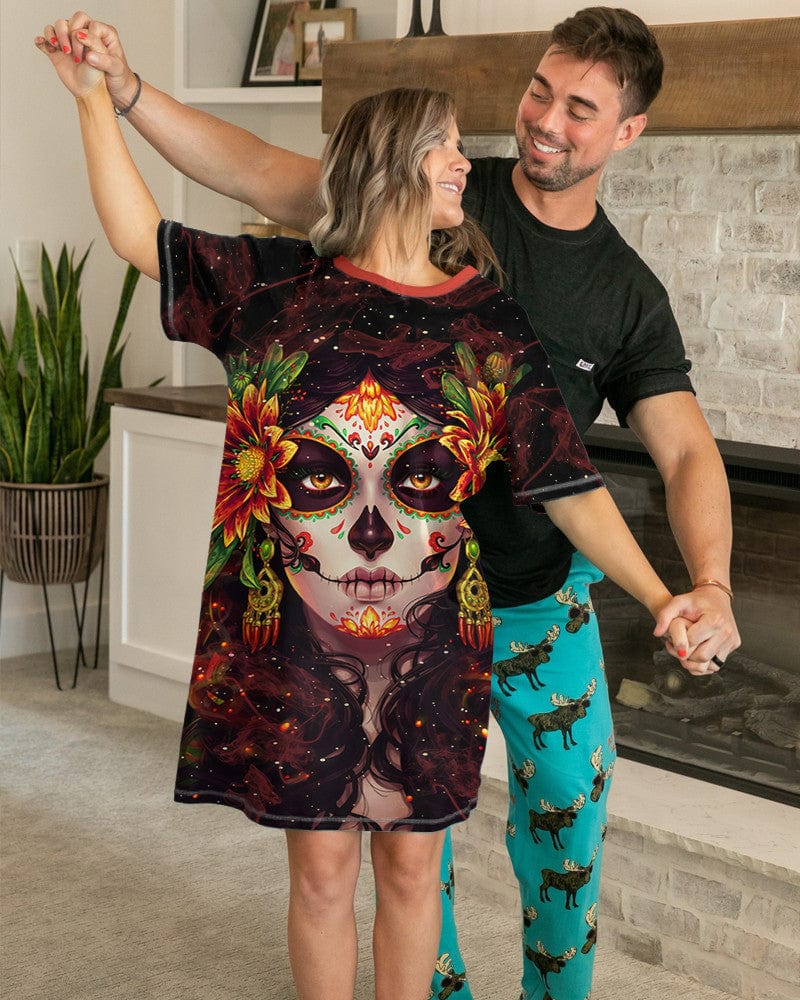 Skull Shineful® V-Neck Nightshirts Fire Girl Hg23