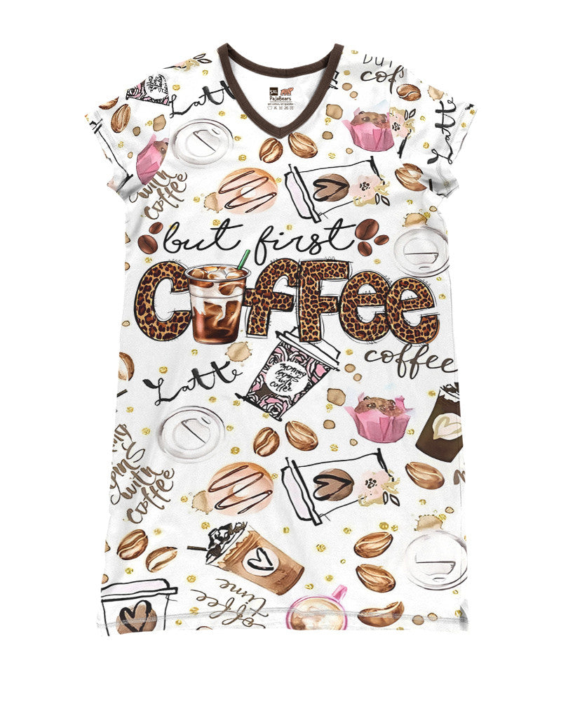 Coffee Shineful® V-Neck Nightshirt But First Coffee Lk8