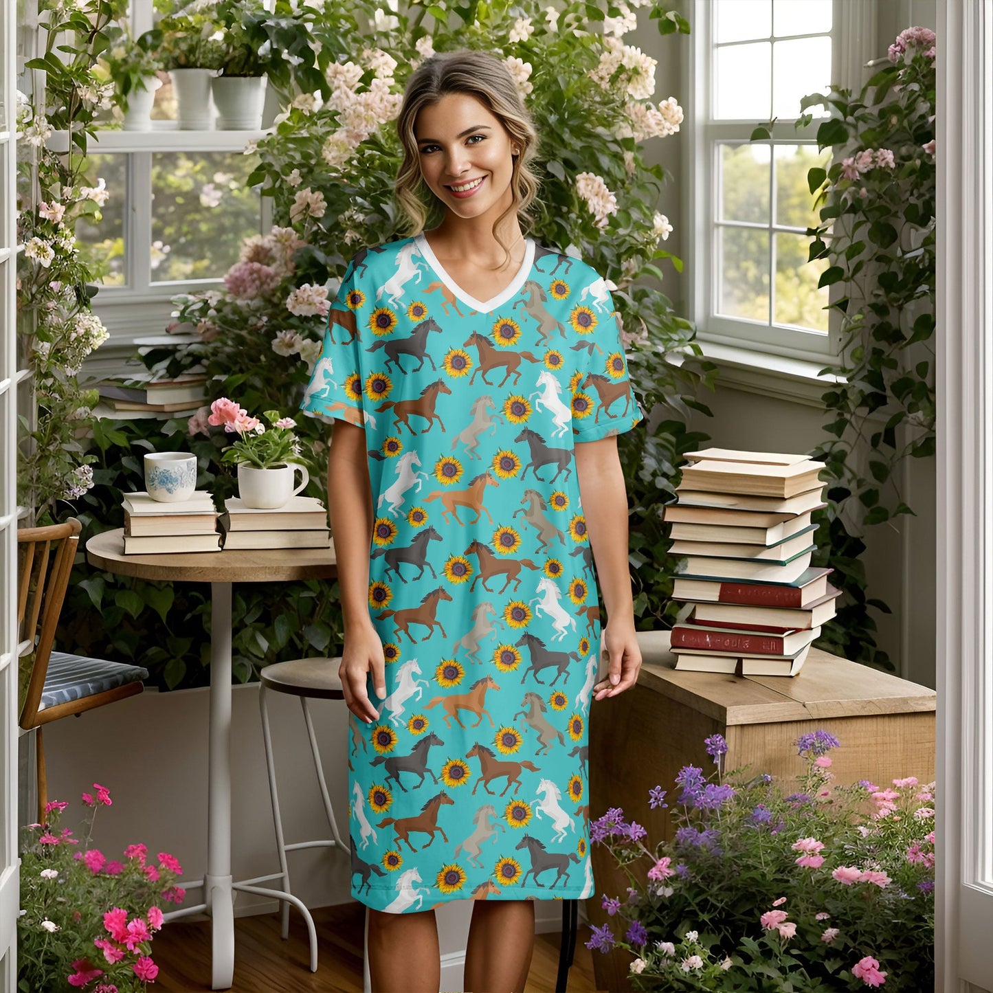 Horse Shineful® V-Neck Nightshirts Sunflowers Tl10