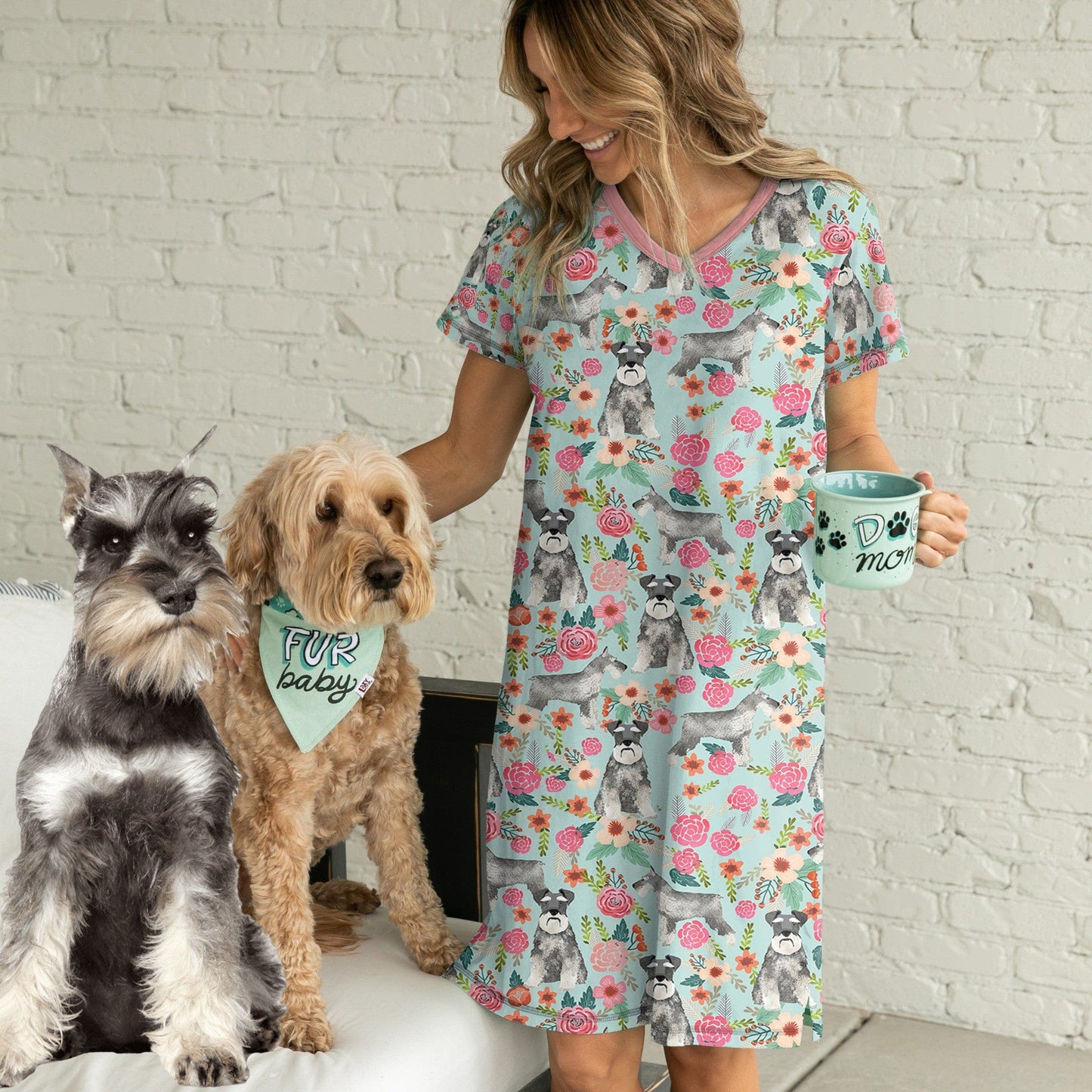 Schnauzer Flower Shineful® V-Neck Nightshirts Hg23