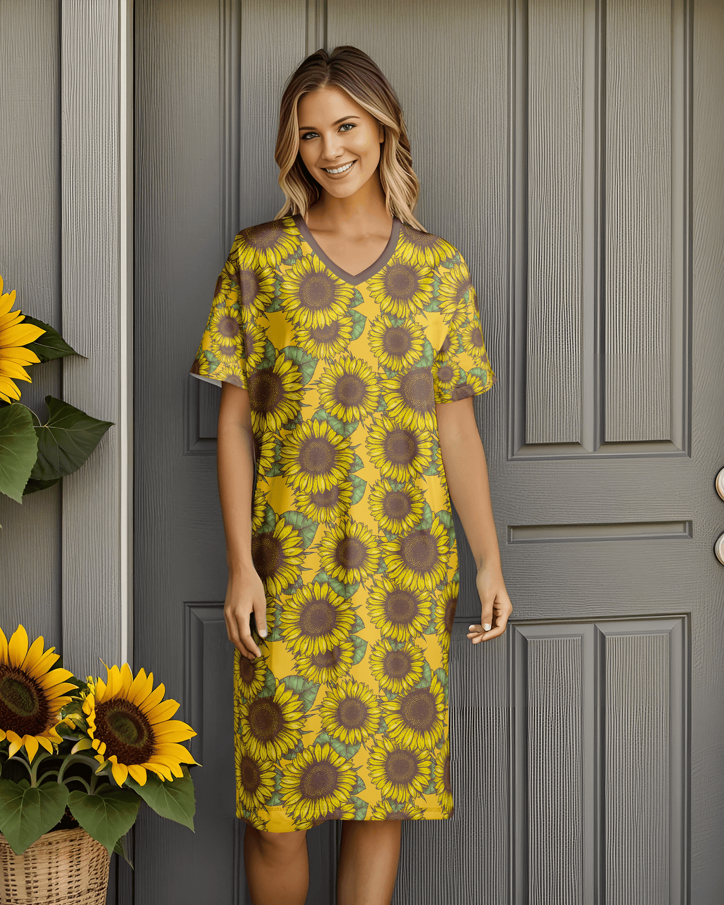 Radiant Sun Flowers Shineful® V-Neck Nightshirts Vq03