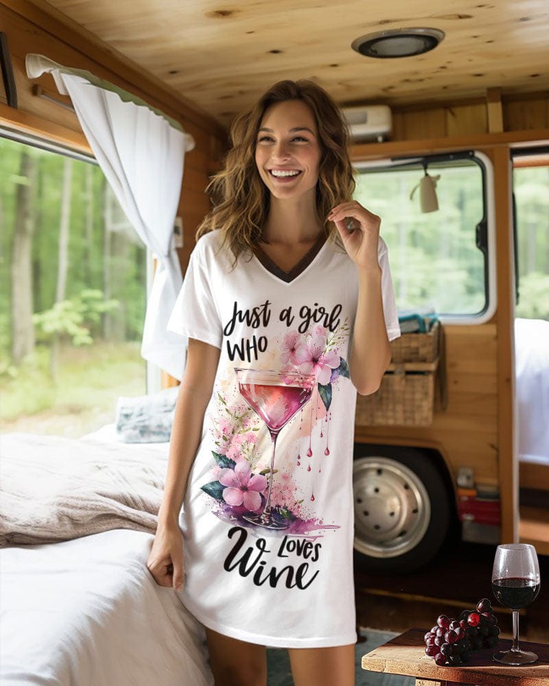 Wine Shineful® V-Neck Nightshirts Just A Girl Who Loves Tl10