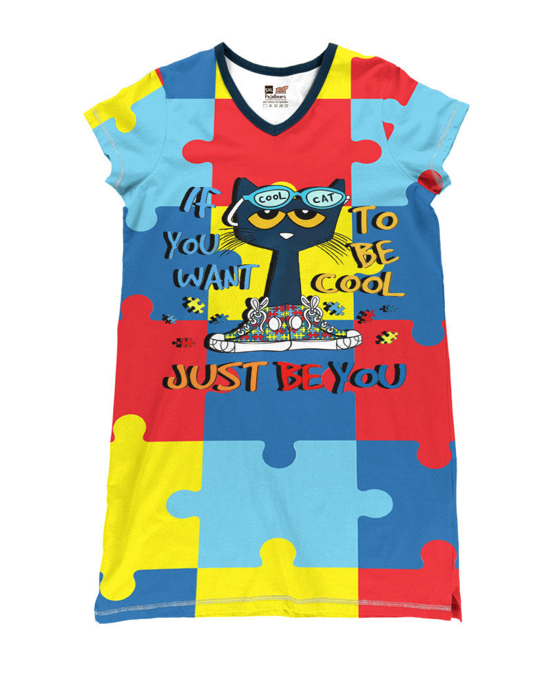 Cute Funny Cat Shineful® V-Neck Nightshirts Autism Awareness Nk07