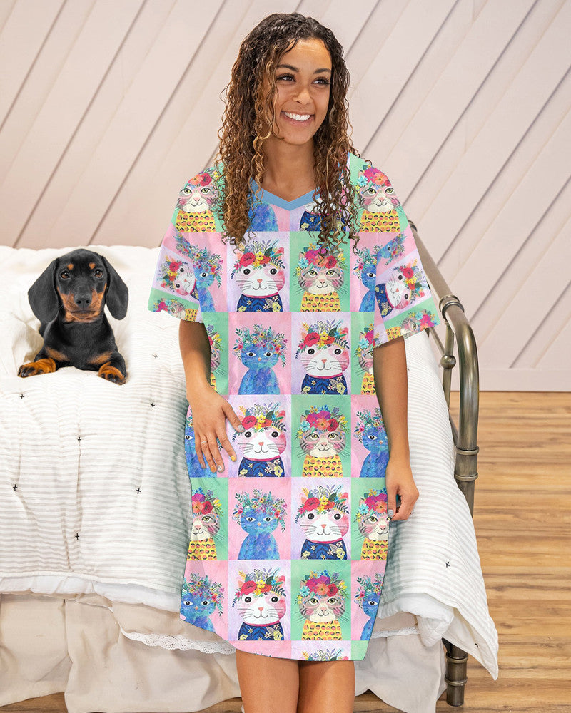 Cat Quilting Shineful® V-Neck Nightshirts 03 Hg23