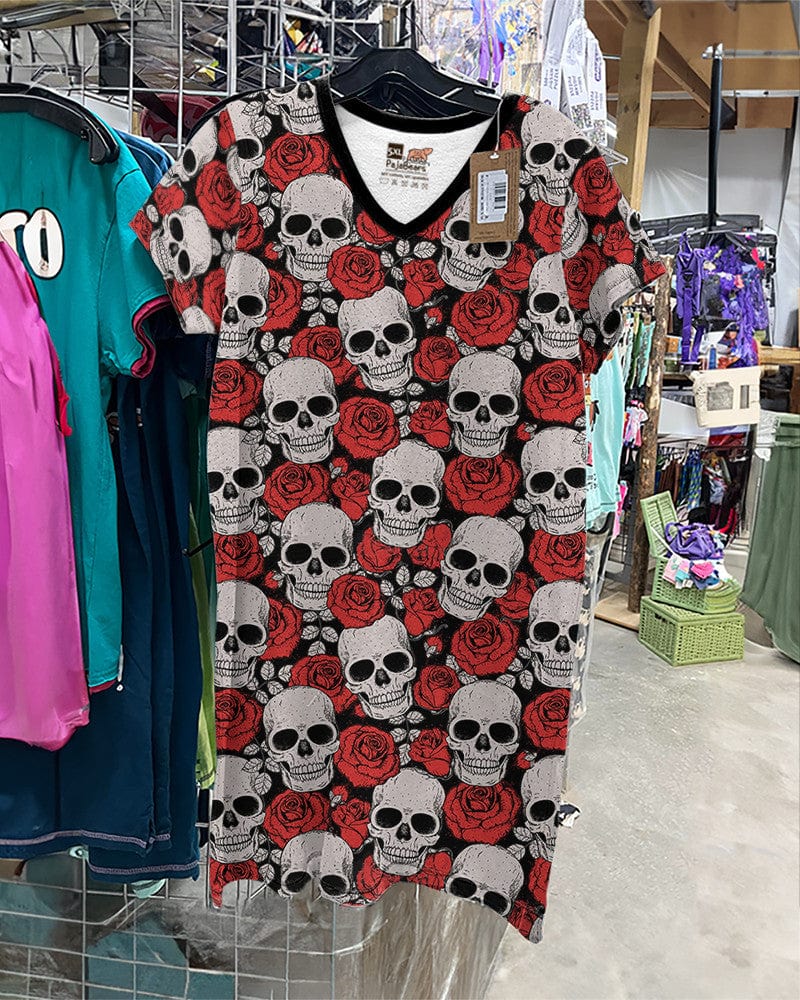 Skull Shineful® V-Neck Nightshirts Beautiful Roses Hg23