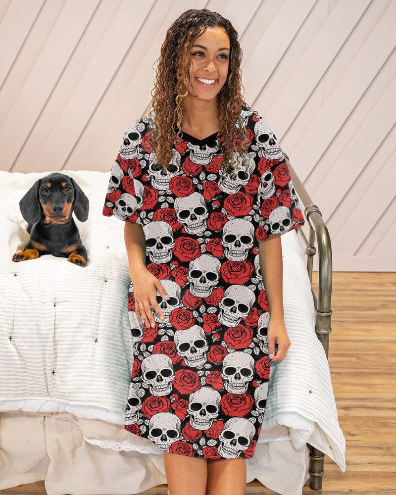 Skull Shineful® V-Neck Nightshirts Beautiful Roses Hg23