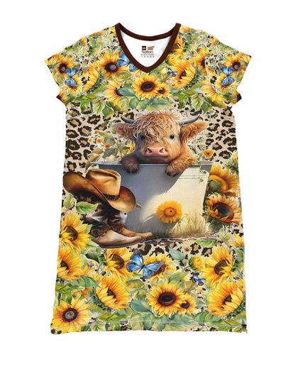 Highland Cow Shineful® V-Neck Nightshirts Leopard Sunflower Mn8