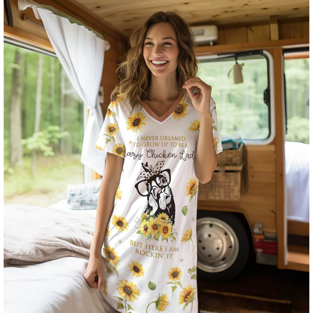 Chicken Shineful® V-Neck Nightshirts Crazy Lady Lk8 Nightshirt