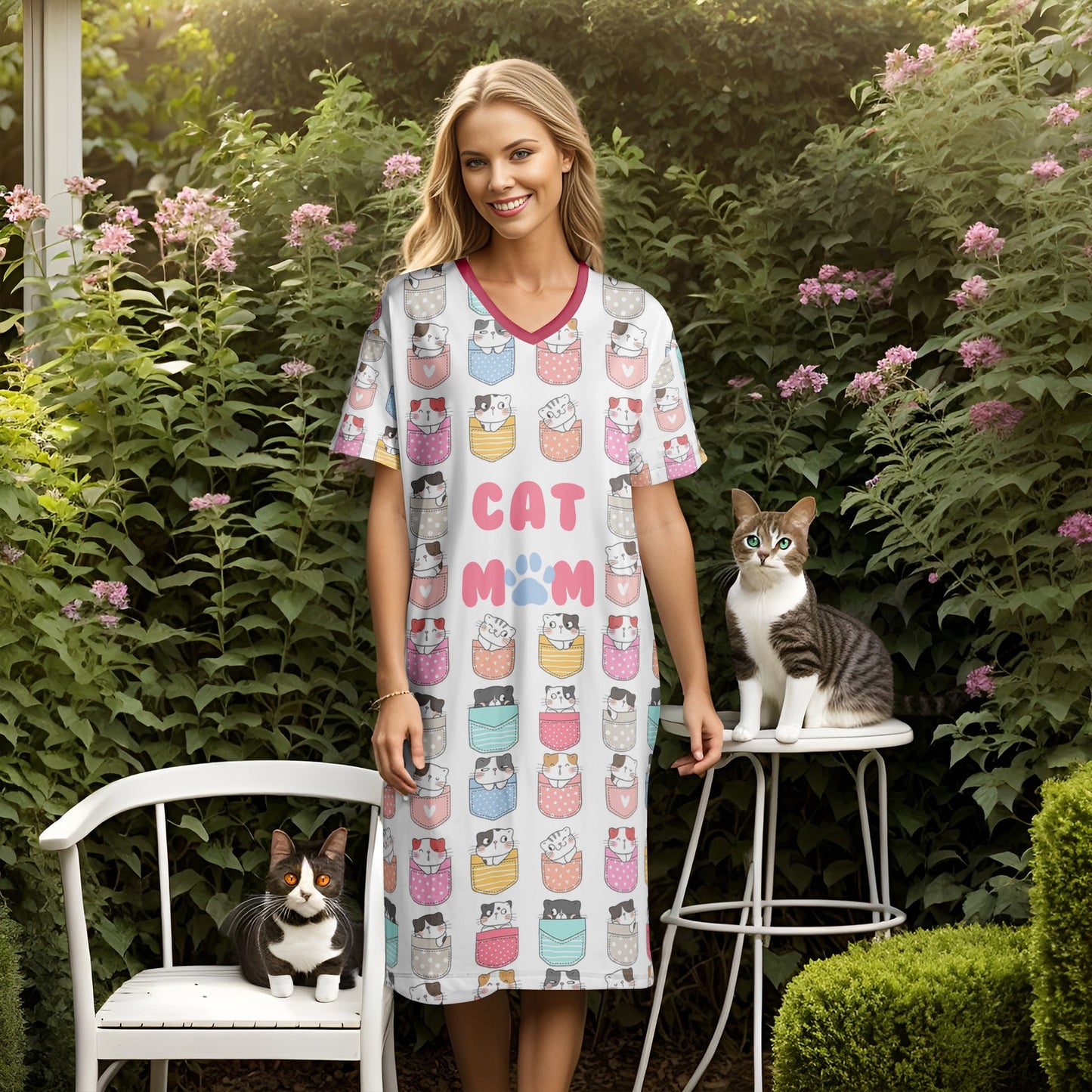 Cat Shineful® V-Neck Nightshirts Cute Nl09