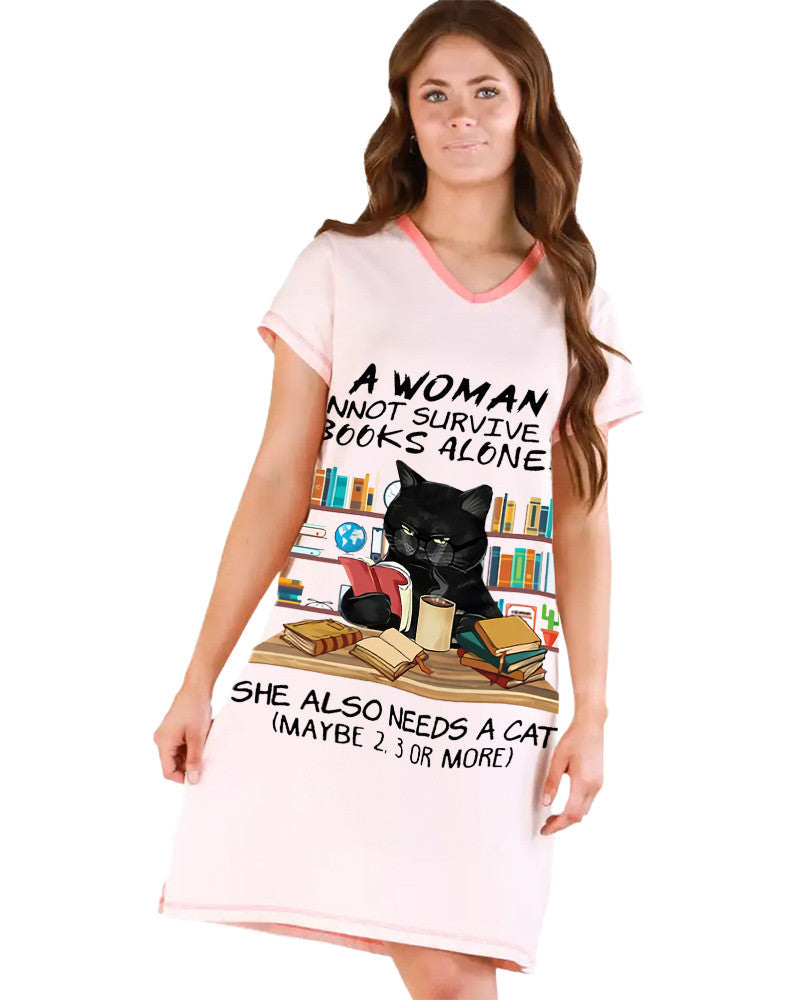 Reading Cat Shineful® V-Neck Women’s Nightshirts Funny Nk07