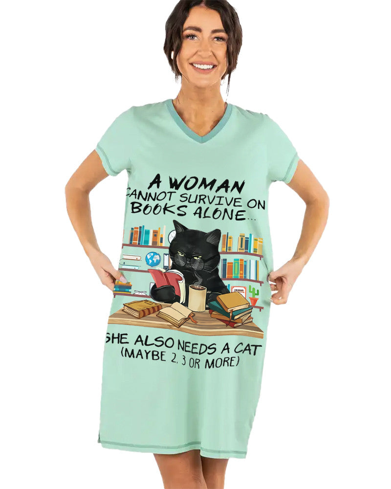 Reading Cat Shineful® V-Neck Women’s Nightshirts Funny Nk07