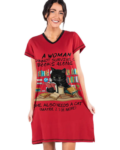 Reading Cat Shineful® V-Neck Women’s Nightshirts Funny Nk07