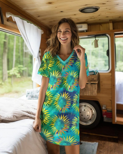 Sunflower Tie Dye Shineful® V-Neck Nightshirt Hm8 Nightshirts