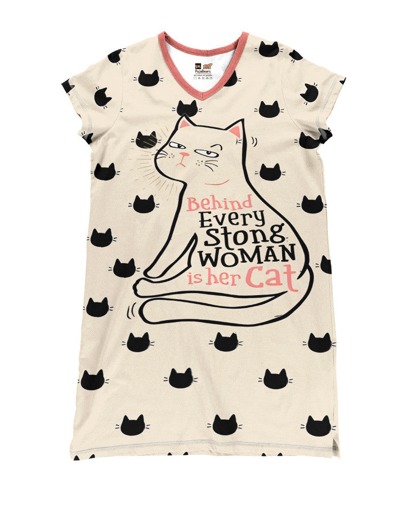 Cat Shineful® V-Neck Nightshirts Behind Every Strong Woman Is Her Mn8