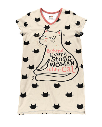 Cat Shineful® V-Neck Nightshirts Behind Every Strong Woman Is Her Mn8