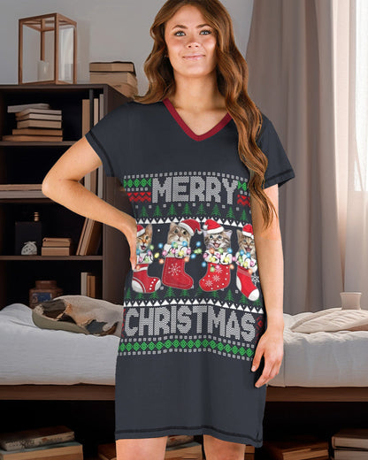 Merry Christmas Cute Cats Ugly V-Neck Shineful® Nightshirt Hm8 Nightshirts