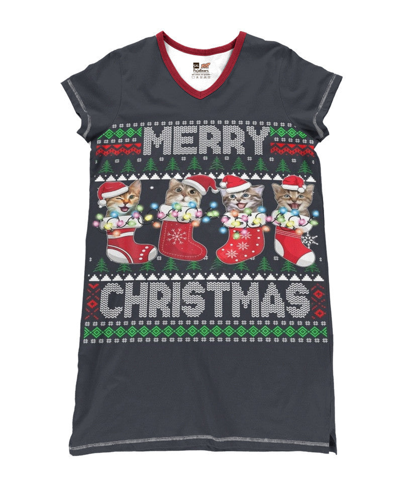 Merry Christmas Cute Cats Ugly V-Neck Shineful® Nightshirt Hm8 Nightshirts