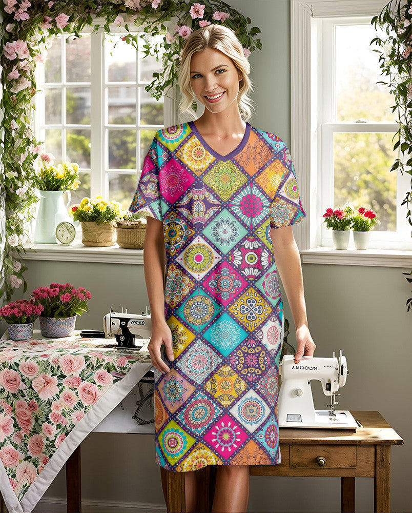 Quilting Shineful® V-Neck Nightshirts Colorful Blocks Mn8