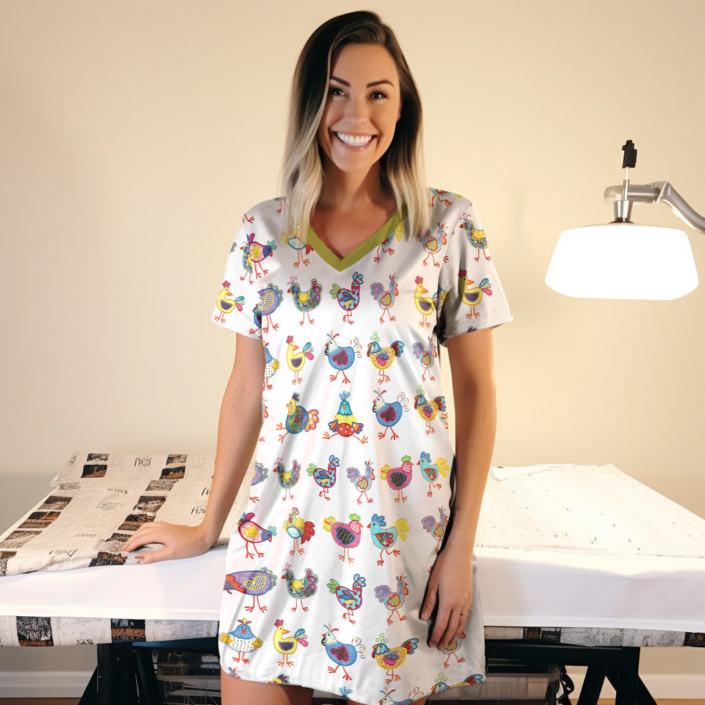 Chicken Shineful® V-Neck Nightshirts Doodle Drawing Tl10