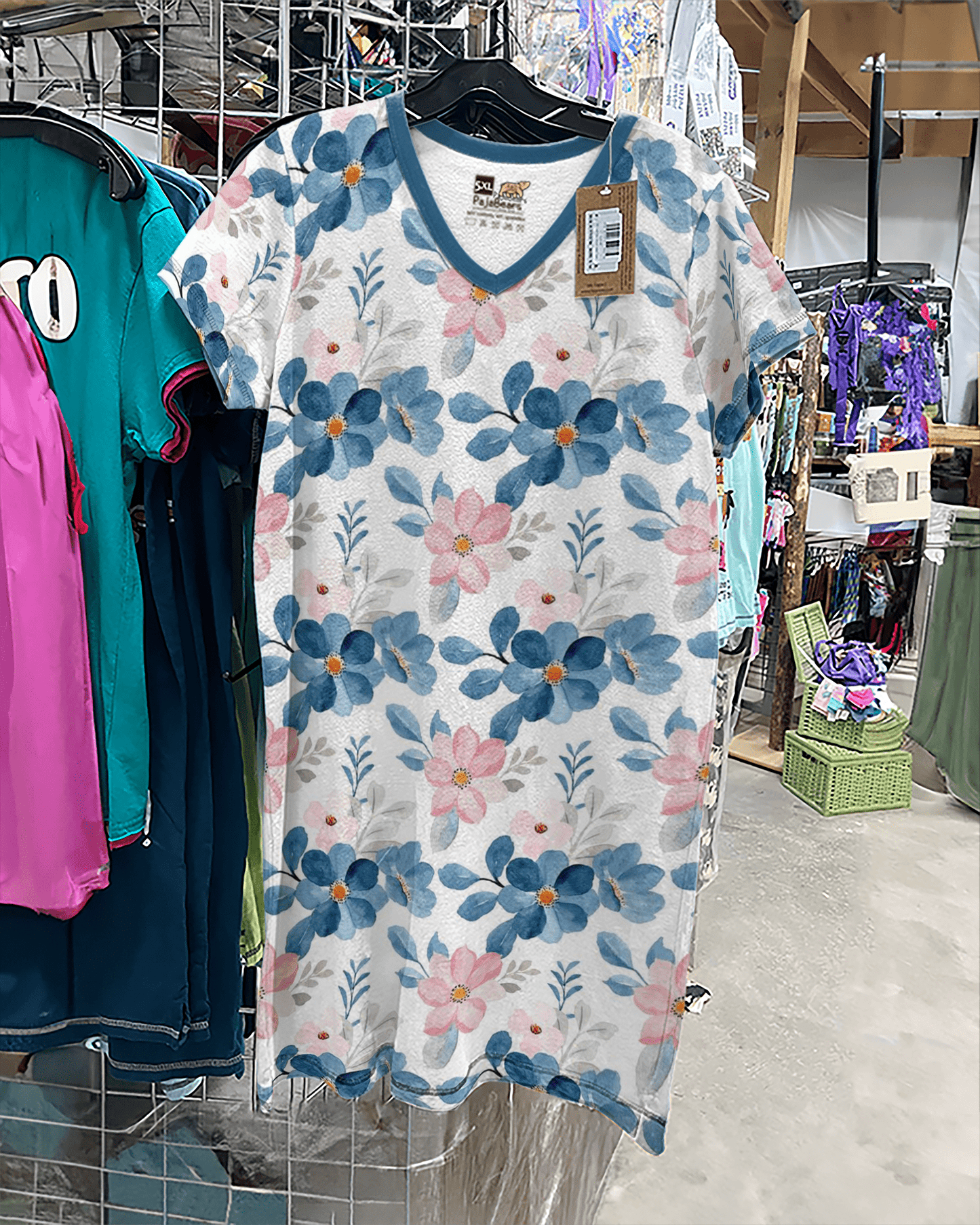 Flowers Shineful® V-Neck Nightshirts Blue Pink Floral Vq03