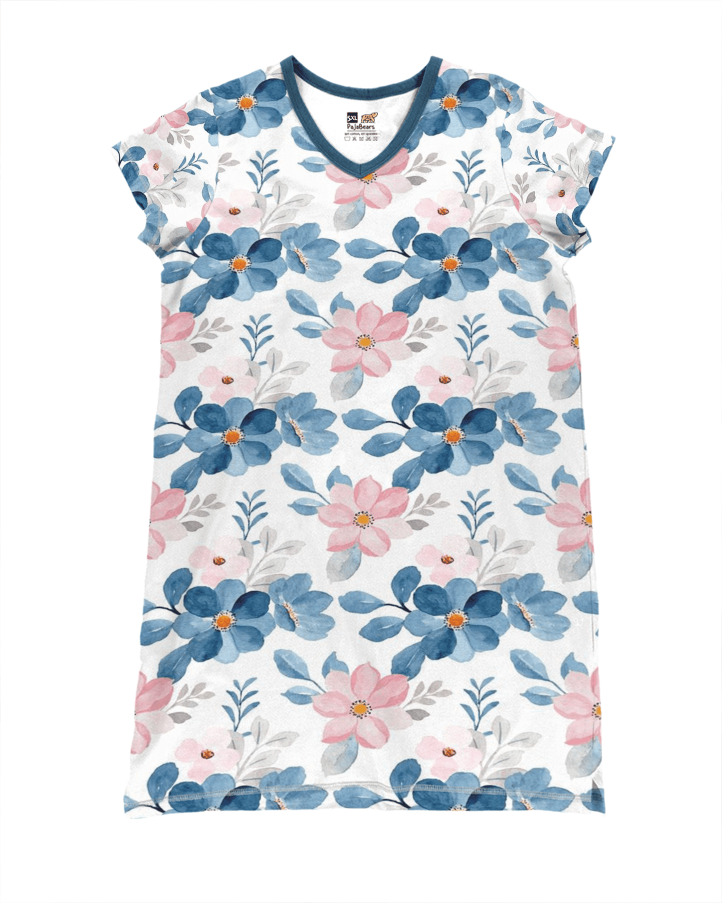 Flowers Shineful® V-Neck Nightshirts Blue Pink Floral Vq03