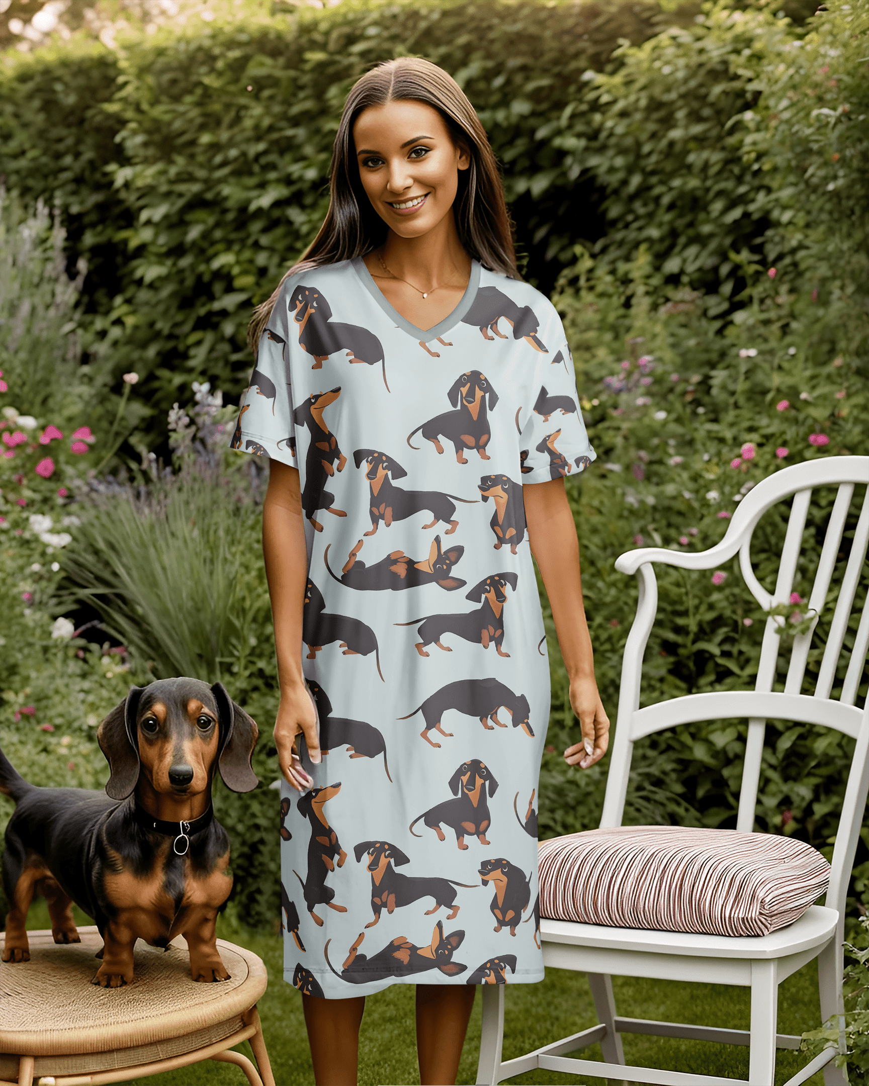 Dachshund Shineful® V-Neck Nightshirts Sniffing Vq03