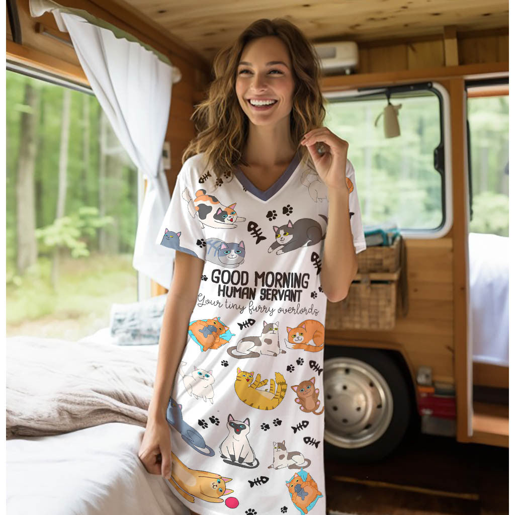 Cat Shineful® V-Neck Nightshirts Good Morning Human Servant Lk8 Nightshirt