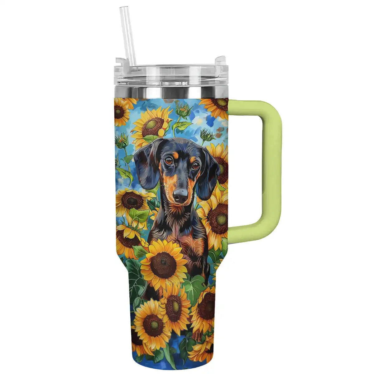 Glänzender Becher Dackel mit Sonnenblumen