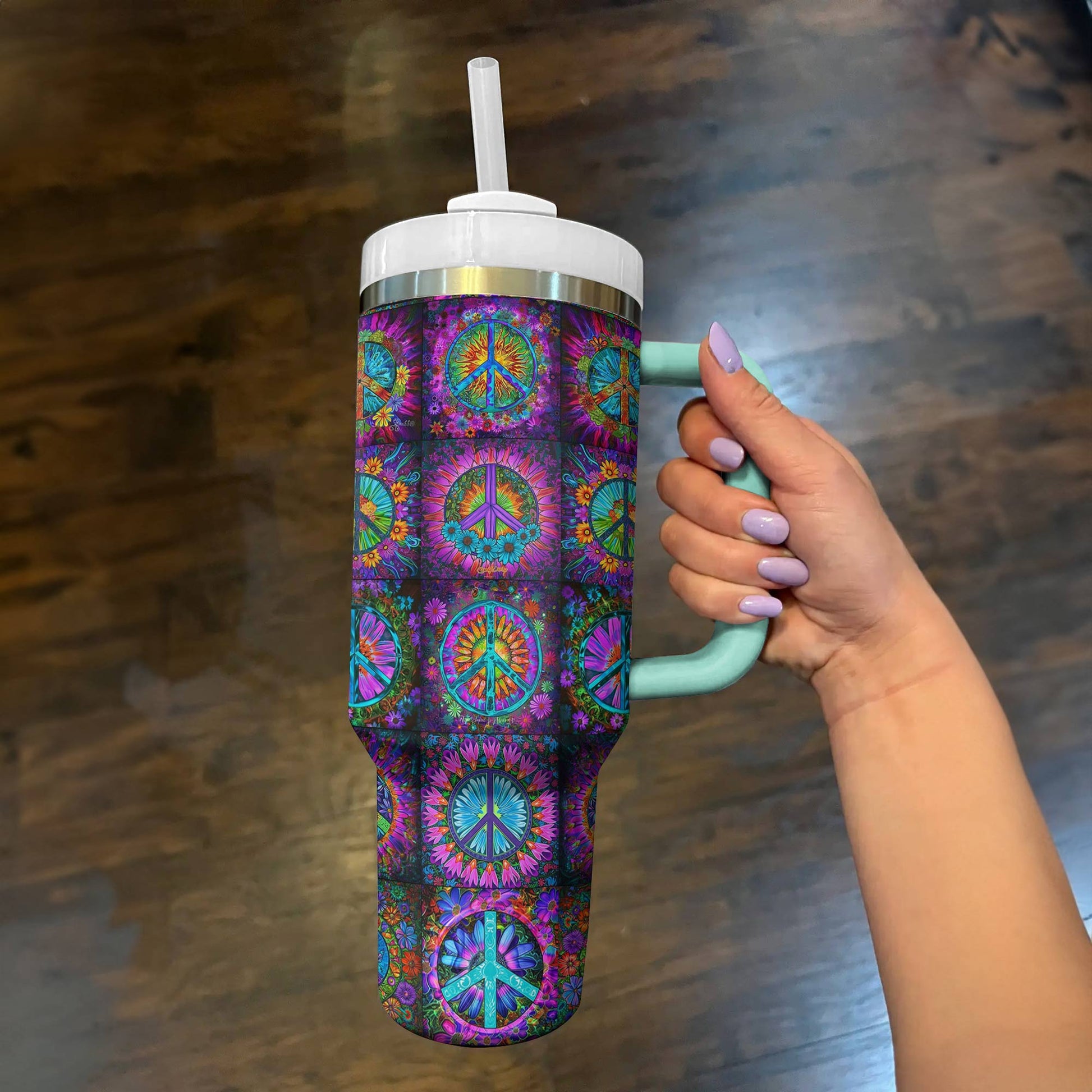 Hippie 40 Oz Shineful™ Tumbler Peace Signs Tl10 Turquoise Blue 40Oz